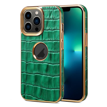 For iPhone 13 Pro Max Denior Crocodile Texture Genuine Leather Electroplating Phone Case(Green) by Denior