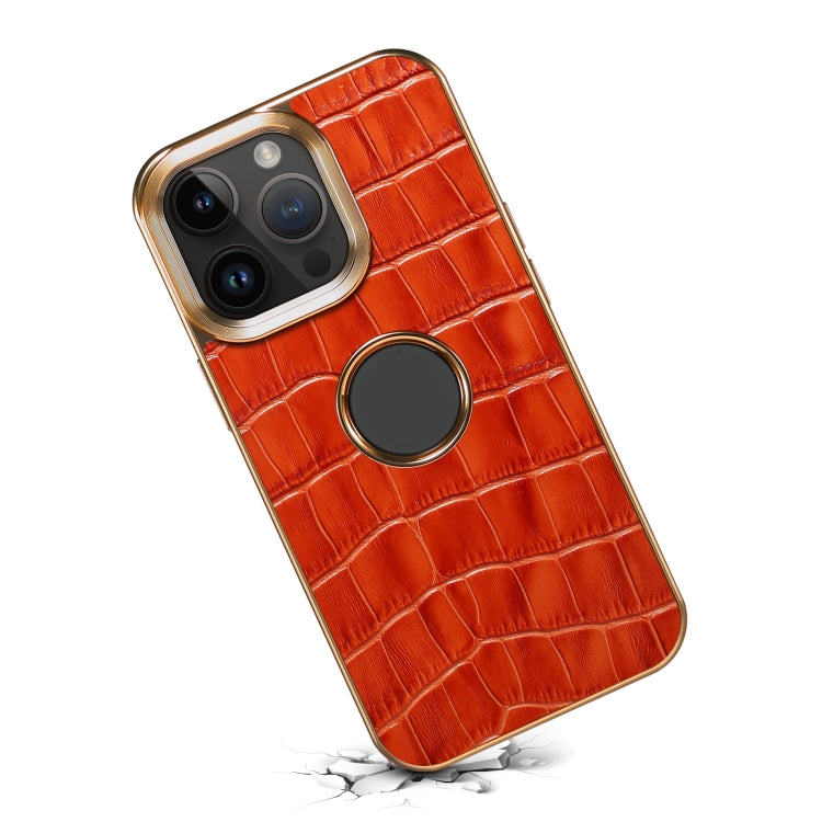 For iPhone 12 / 12 Pro Denior Crocodile Texture Genuine Leather Electroplating Phone Case(Mocha Brown) by Denior