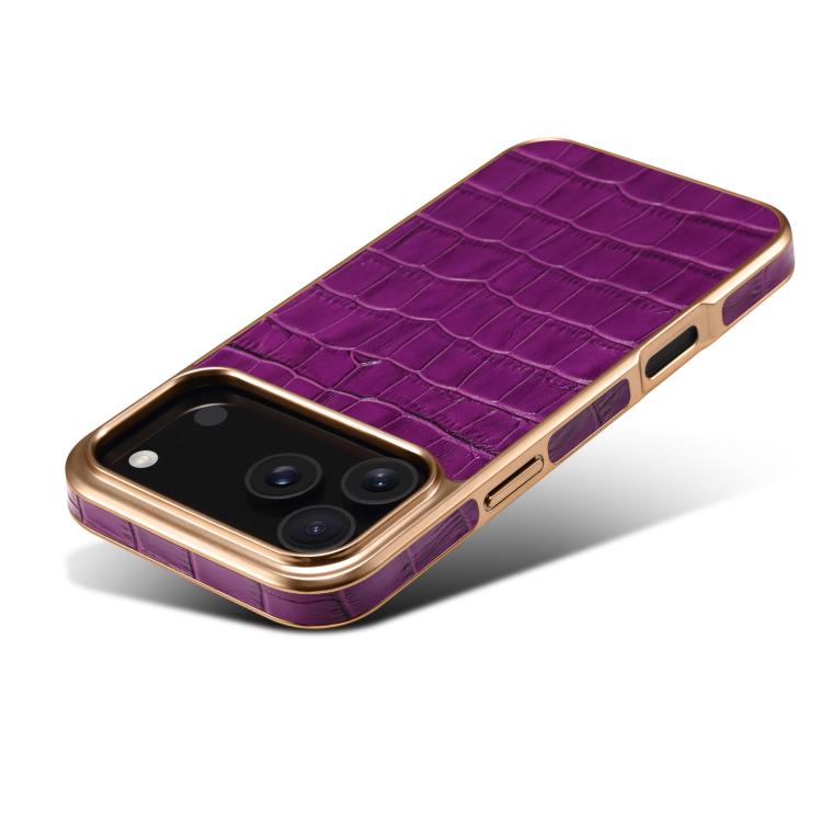 For iPhone 17 Pro Denior Crocodile Texture Genuine Leather Electroplating Phone Case(Purple) by Denior