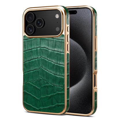 For iPhone 17 Pro Denior Crocodile Texture Genuine Leather Electroplating Phone Case(Green) by Denior
