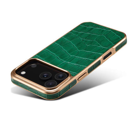 For iPhone 17 Pro Denior Crocodile Texture Genuine Leather Electroplating Phone Case(Green) by Denior