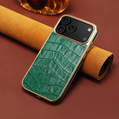 For iPhone 17 Pro Denior Crocodile Texture Genuine Leather Electroplating Phone Case(Green) by Denior