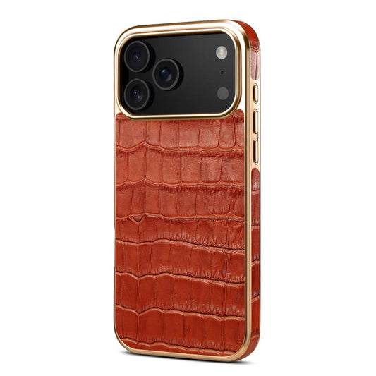 For iPhone 17 Pro Denior Crocodile Texture Genuine Leather Electroplating Phone Case(Mocha Brown) by Denior