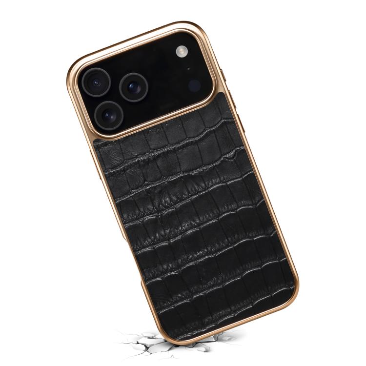 For iPhone 17 Pro Denior Crocodile Texture Genuine Leather Electroplating Phone Case(Black) by Denior