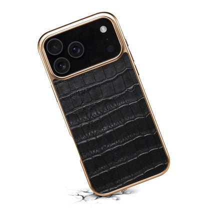 For iPhone 17 Pro Denior Crocodile Texture Genuine Leather Electroplating Phone Case(Black) by Denior