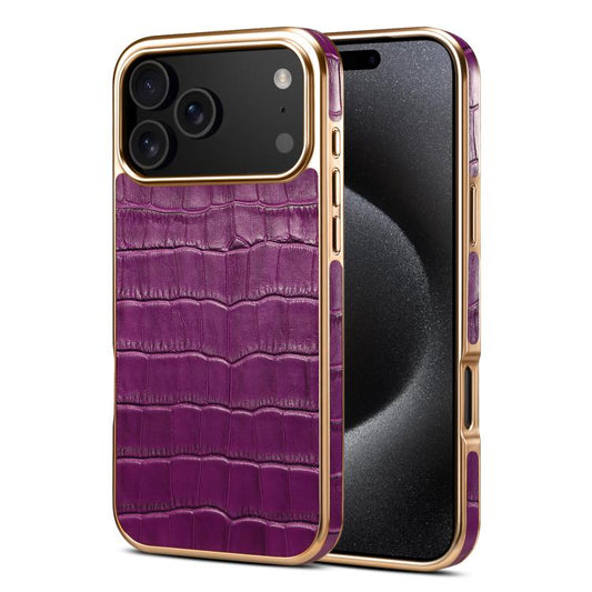 For iPhone 17 Pro Max Denior Crocodile Texture Genuine Leather Electroplating Phone Case(Purple) by Denior