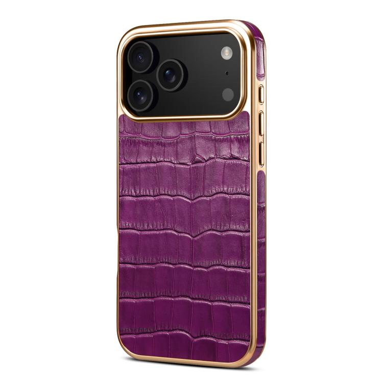 For iPhone 17 Pro Max Denior Crocodile Texture Genuine Leather Electroplating Phone Case(Purple) by Denior