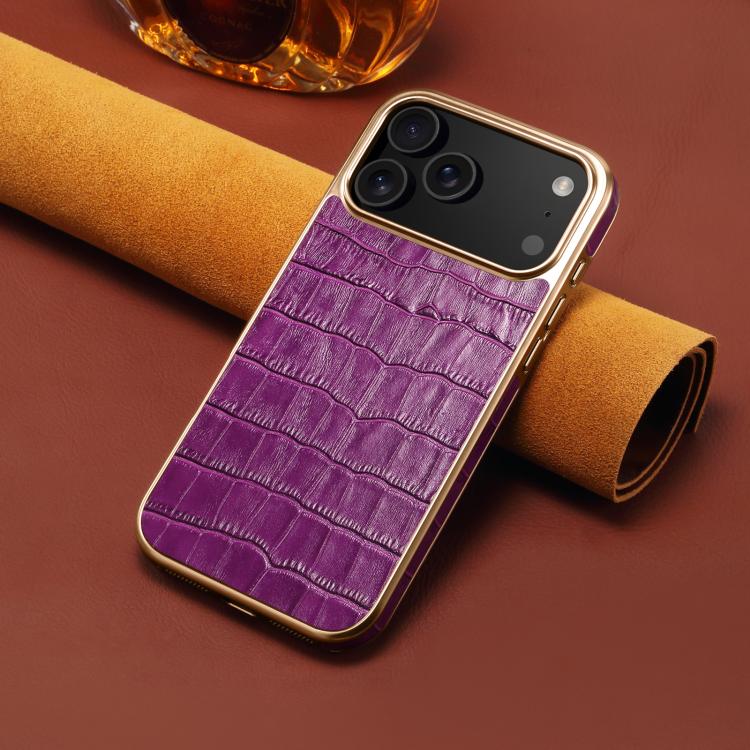 For iPhone 17 Pro Max Denior Crocodile Texture Genuine Leather Electroplating Phone Case(Purple) by Denior