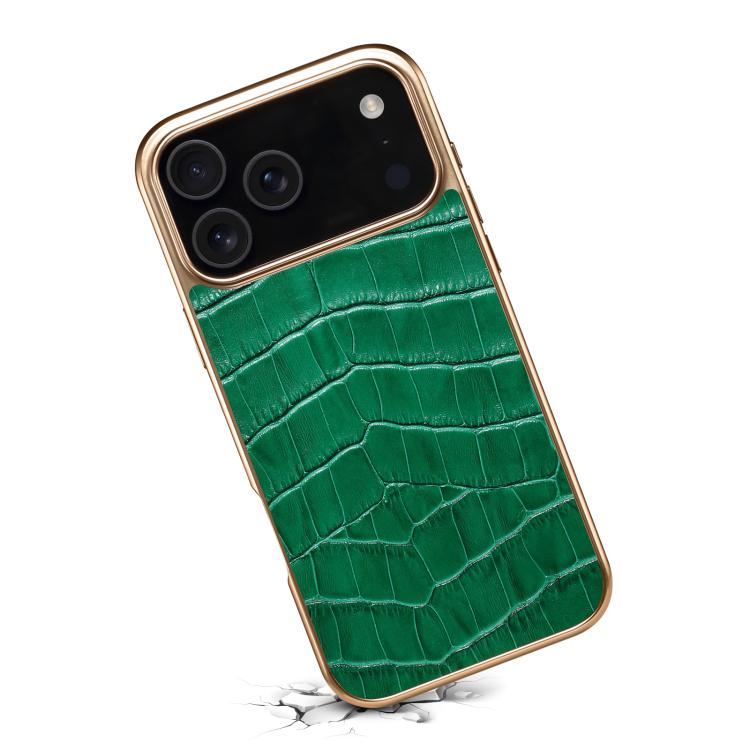 For iPhone 17 Pro Max Denior Crocodile Texture Genuine Leather Electroplating Phone Case(Green) by Denior