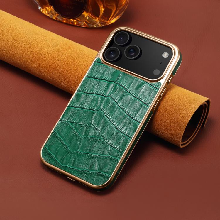 For iPhone 17 Pro Max Denior Crocodile Texture Genuine Leather Electroplating Phone Case(Green) by Denior