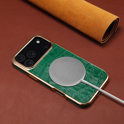 For iPhone 17 Pro Max Denior Crocodile Texture Genuine Leather Electroplating Phone Case(Green) by Denior