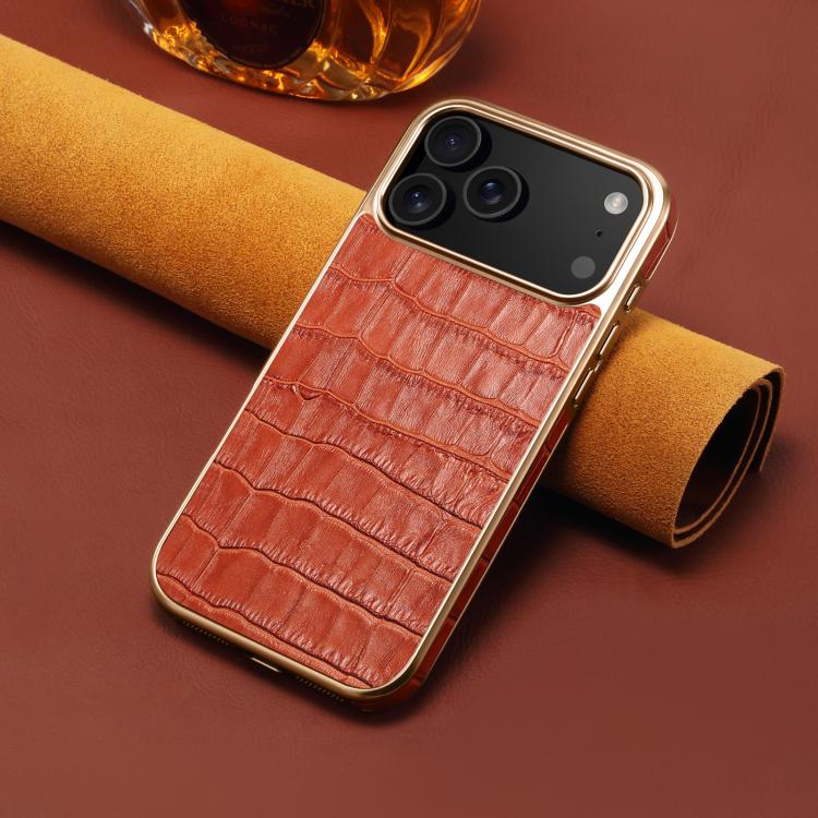 For iPhone 17 Pro Max Denior Crocodile Texture Genuine Leather Electroplating Phone Case(Mocha Brown) by Denior