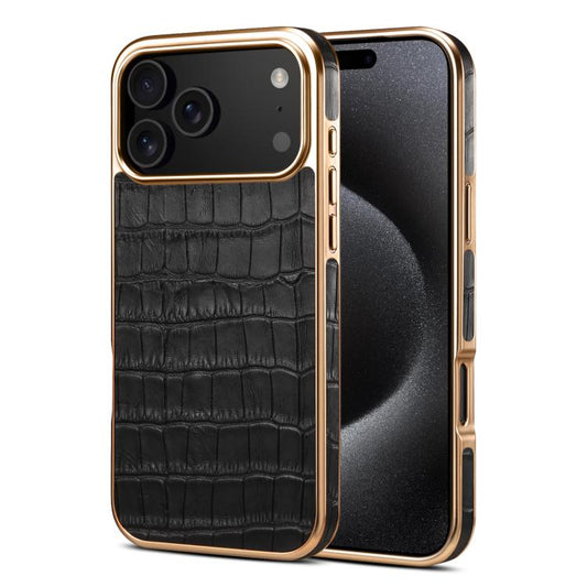 For iPhone 17 Pro Max Denior Crocodile Texture Genuine Leather Electroplating Phone Case(Black) by Denior