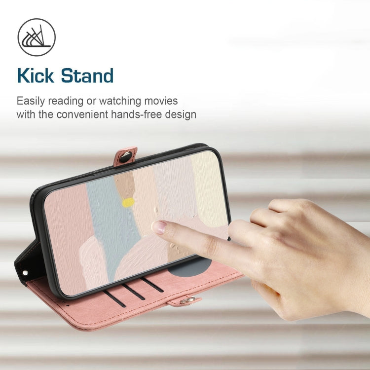 For iPhone 16e Side Buckle Double Fold Hand Strap Leather Phone Case(Pink) by bashfashion