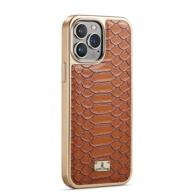 For iPhone 14 Pro Max Fierre Shann Python Texture Electroplating PU Phone Case(Brown) by FIERRE SHANN