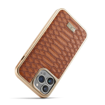 For iPhone 14 Pro Max Fierre Shann Python Texture Electroplating PU Phone Case(Brown) by FIERRE SHANN