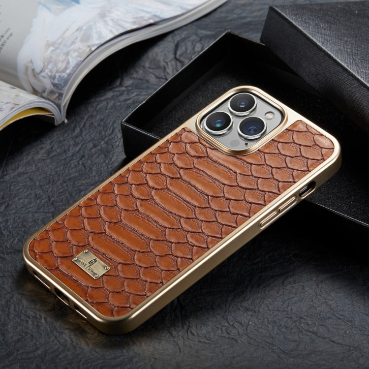 For iPhone 14 Pro Max Fierre Shann Python Texture Electroplating PU Phone Case(Brown) by FIERRE SHANN
