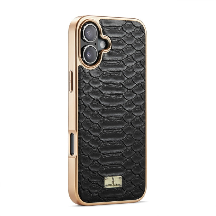 For iPhone 16 Plus Fierre Shann Python Texture Electroplating PU Phone Case(Black) by FIERRE SHANN