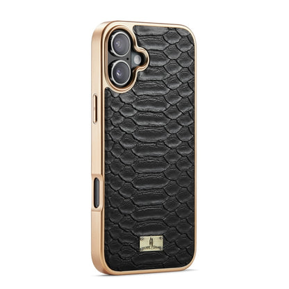 For iPhone 16 Plus Fierre Shann Python Texture Electroplating PU Phone Case(Black) by FIERRE SHANN