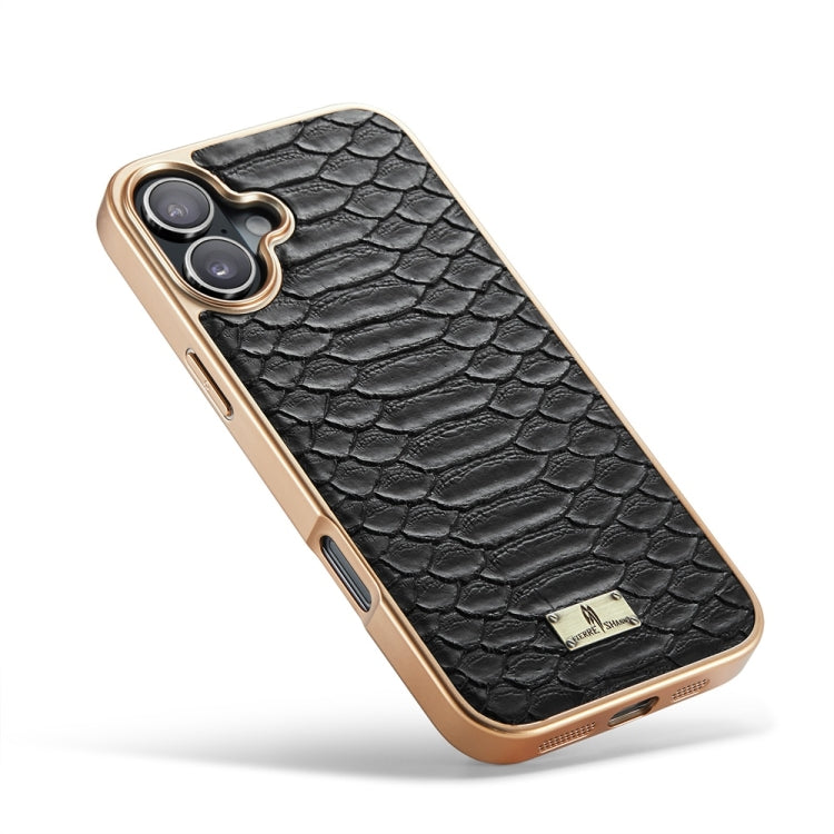 For iPhone 16 Plus Fierre Shann Python Texture Electroplating PU Phone Case(Black) by FIERRE SHANN