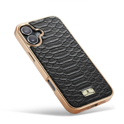 For iPhone 16 Plus Fierre Shann Python Texture Electroplating PU Phone Case(Black) by FIERRE SHANN