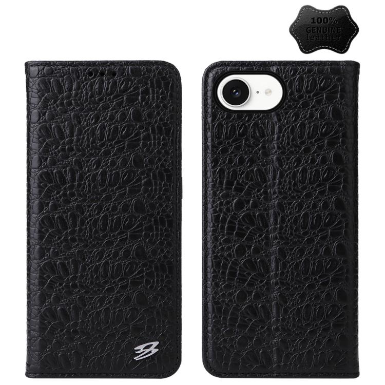 For iPhone 16e Fierre Shann Crocodile Texture Magnetic Genuine Leather Phone Case(Black) by FIERRE SHANN
