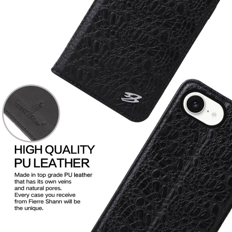 For iPhone 16e Fierre Shann Crocodile Texture Magnetic Genuine Leather Phone Case(Black) by FIERRE SHANN