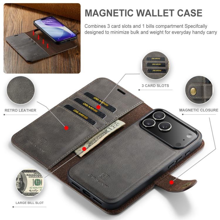For iPhone 17 Pro DG.MING Crazy Horse Texture Detachable Magnetic Leather Phone Case(Grey) by DG.MING