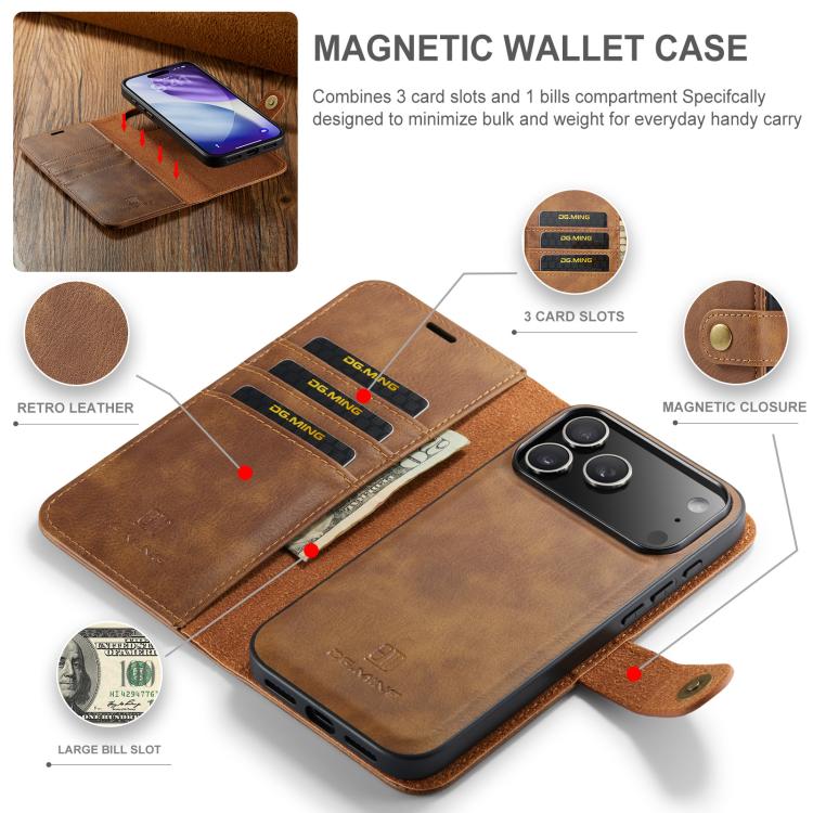 For iPhone 17 Pro Max DG.MING Crazy Horse Texture Detachable Magnetic Leather Phone Case(Brown) by DG.MING