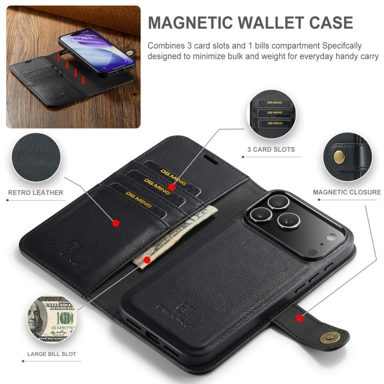 For iPhone 17 Pro Max DG.MING Crazy Horse Texture Detachable Magnetic Leather Phone Case(Black) by DG.MING