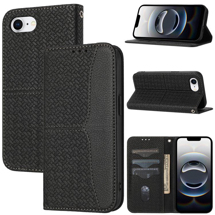 For iPhone 16e Woven Texture Stitching Magnetic Leather Phone Case(Black) by bashfashion