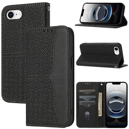 For iPhone 16e Woven Texture Stitching Magnetic Leather Phone Case(Black) by bashfashion