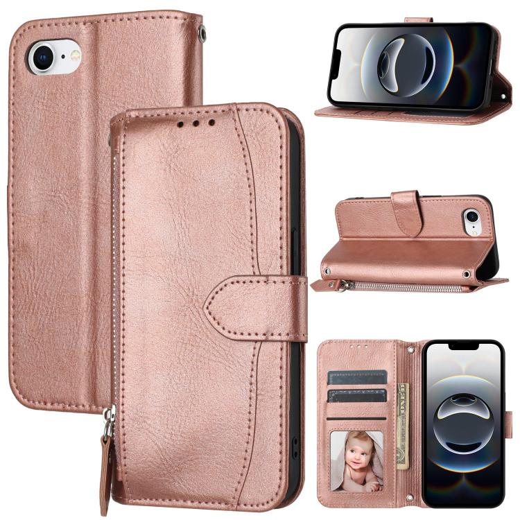 For iPhone 16e Oil Skin Zipper Wallet Leather Phone Case(Rose Gold) by bashfashion