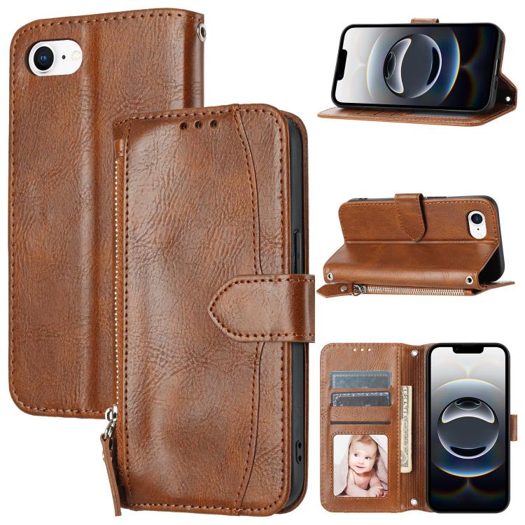 For iPhone 16e Oil Skin Zipper Wallet Leather Phone Case(Brown) by bashfashion