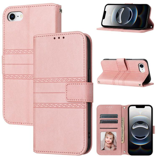 For iPhone 16e Embossed Stripes Skin Feel Leather Phone Case(Pink) by bashfashion