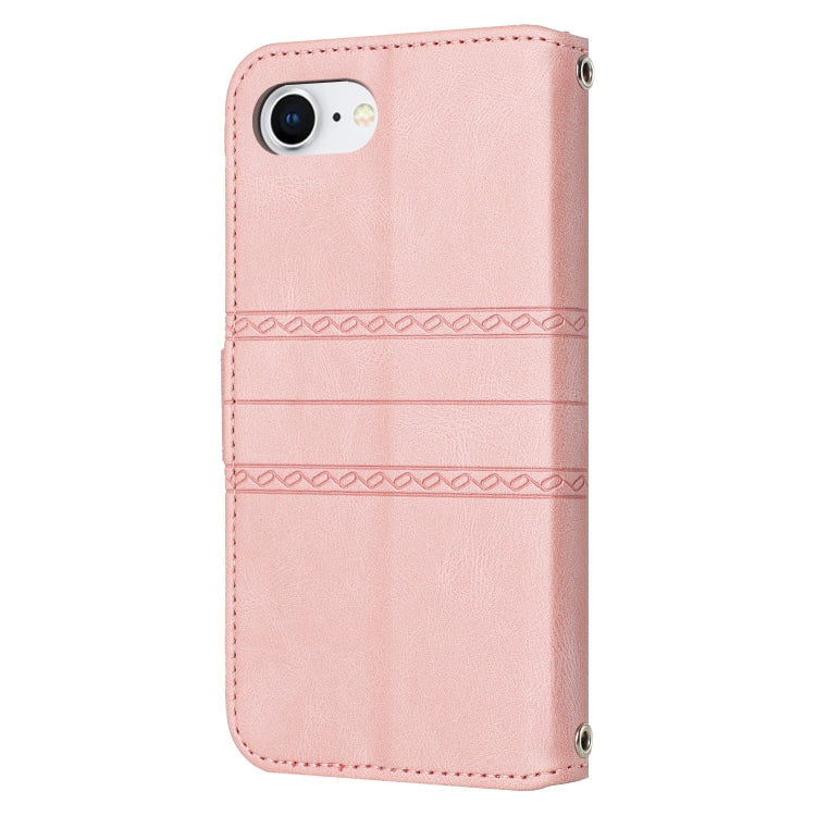 For iPhone 16e Embossed Stripes Skin Feel Leather Phone Case(Pink) by bashfashion