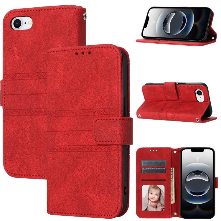 For iPhone 16e Embossed Stripes Skin Feel Leather Phone Case(Red) by bashfashion