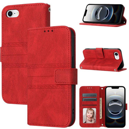 For iPhone 16e Embossed Stripes Skin Feel Leather Phone Case(Red) by bashfashion