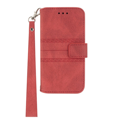 For iPhone 16e Embossed Stripes Skin Feel Leather Phone Case(Red) by bashfashion