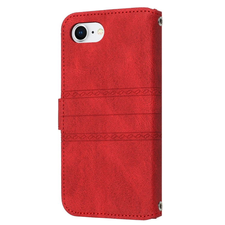 For iPhone 16e Embossed Stripes Skin Feel Leather Phone Case(Red) by bashfashion
