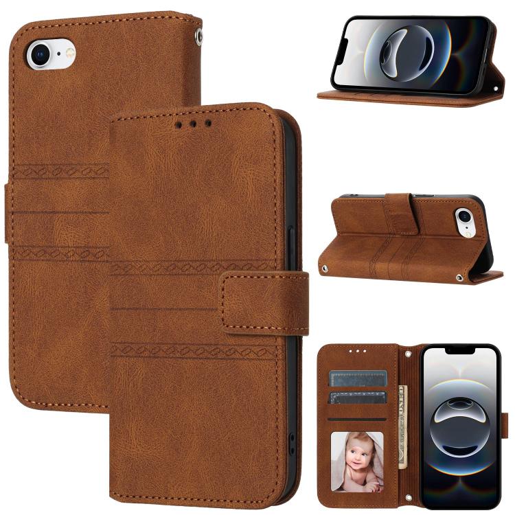 For iPhone 16e Embossed Stripes Skin Feel Leather Phone Case(Brown) by bashfashion