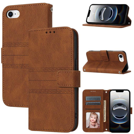 For iPhone 16e Embossed Stripes Skin Feel Leather Phone Case(Brown) by bashfashion