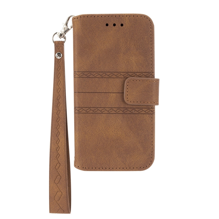 For iPhone 16e Embossed Stripes Skin Feel Leather Phone Case(Brown) by bashfashion
