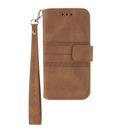 For iPhone 16e Embossed Stripes Skin Feel Leather Phone Case(Brown) by bashfashion