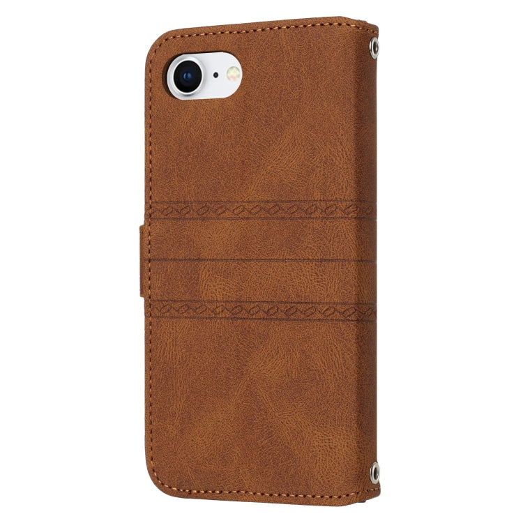 For iPhone 16e Embossed Stripes Skin Feel Leather Phone Case(Brown) by bashfashion