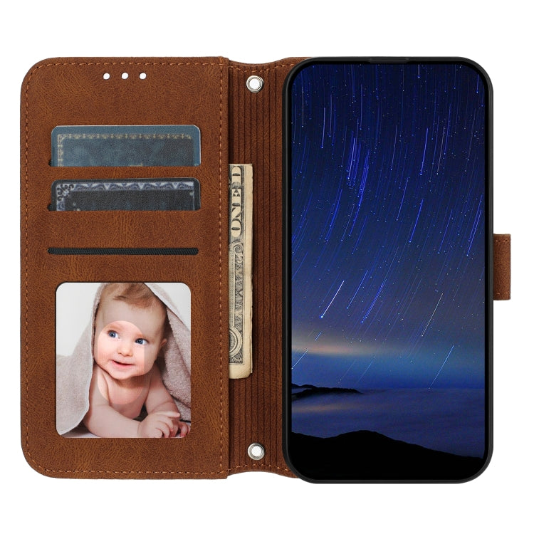 For iPhone 16e Embossed Stripes Skin Feel Leather Phone Case(Brown) by bashfashion