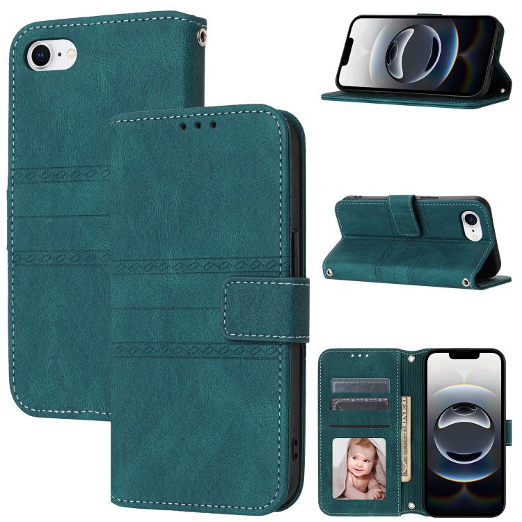 For iPhone 16e Embossed Stripes Skin Feel Leather Phone Case(Dark Green) by bashfashion