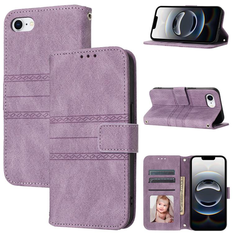 For iPhone 16e Embossed Stripes Skin Feel Leather Phone Case(Light Purple) by bashfashion