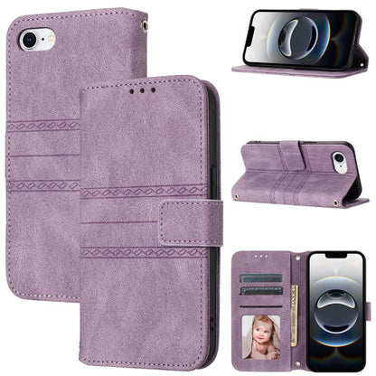 For iPhone 16e Embossed Stripes Skin Feel Leather Phone Case(Light Purple) by bashfashion