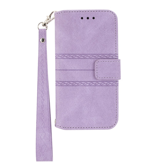 For iPhone 16e Embossed Stripes Skin Feel Leather Phone Case(Light Purple) by bashfashion